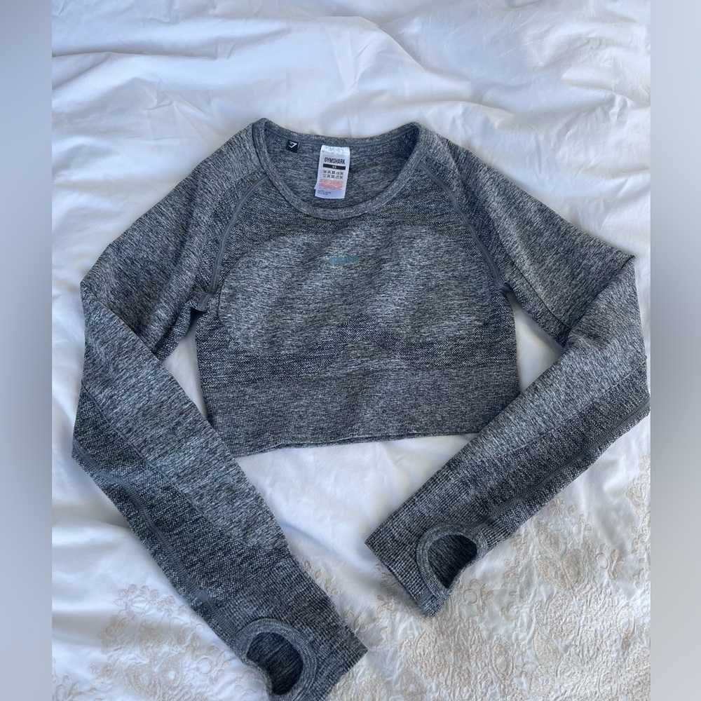 Gymshark charcoal marl smokey teal long sleeve workout crop top sz xs